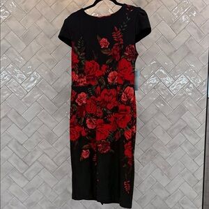 Chic Black Midi Dress with Red Floral Design